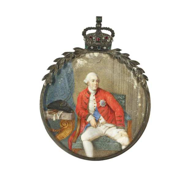 Pair English Portrait Miniatures on Ivory, King George III and Queen Caroline, early 19th century