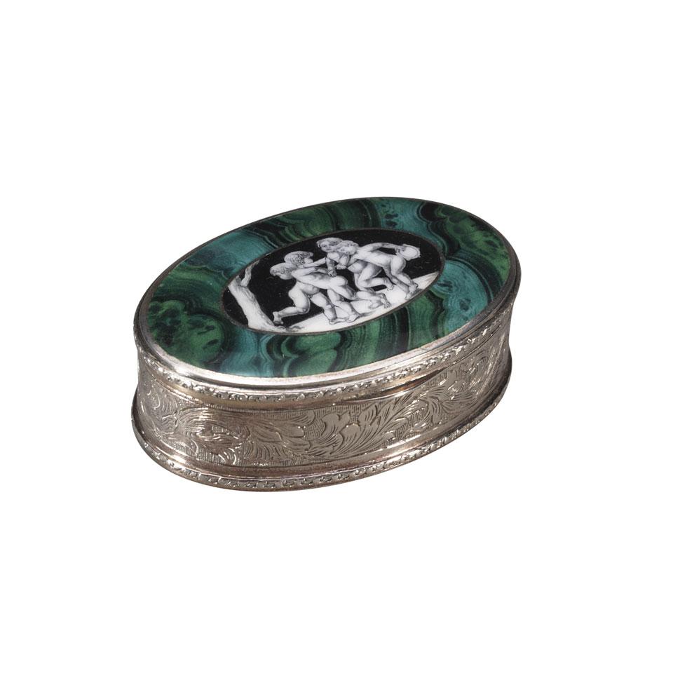 French Grisaille and Faux Malachite Enamelled Silver Plate Snuff Box, 19th century