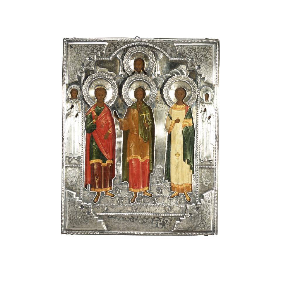 Russian Icon with Five Saints in Silver Oklad, 19th century