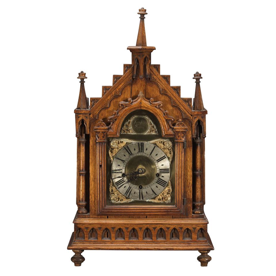 Victorian Gothic Revival Carved Oak Bracket Clock, Windmills & Elkins, London, c.1860