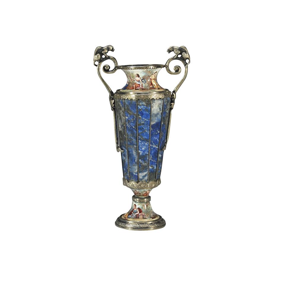 Viennese Lapis Lazuli Mounted Silver and Enamel Cabinet Vase, Hermann Ratzersdorfer, 3rd quarter, 19th century