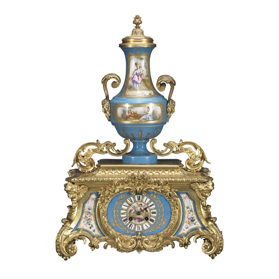 Louis XV Style Porcelain Mounted Gilt Bronze Mantel Clock, c.1880