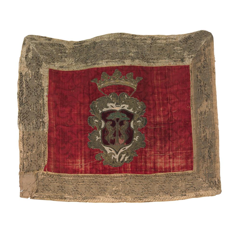Italian Red Cut Velvet Armorial Cushion Sham, early 17th century