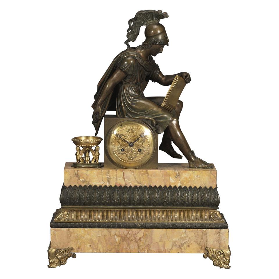 Large French Gilt and Patinated Bronze and Marble Figural Mantel Clock, 19th century