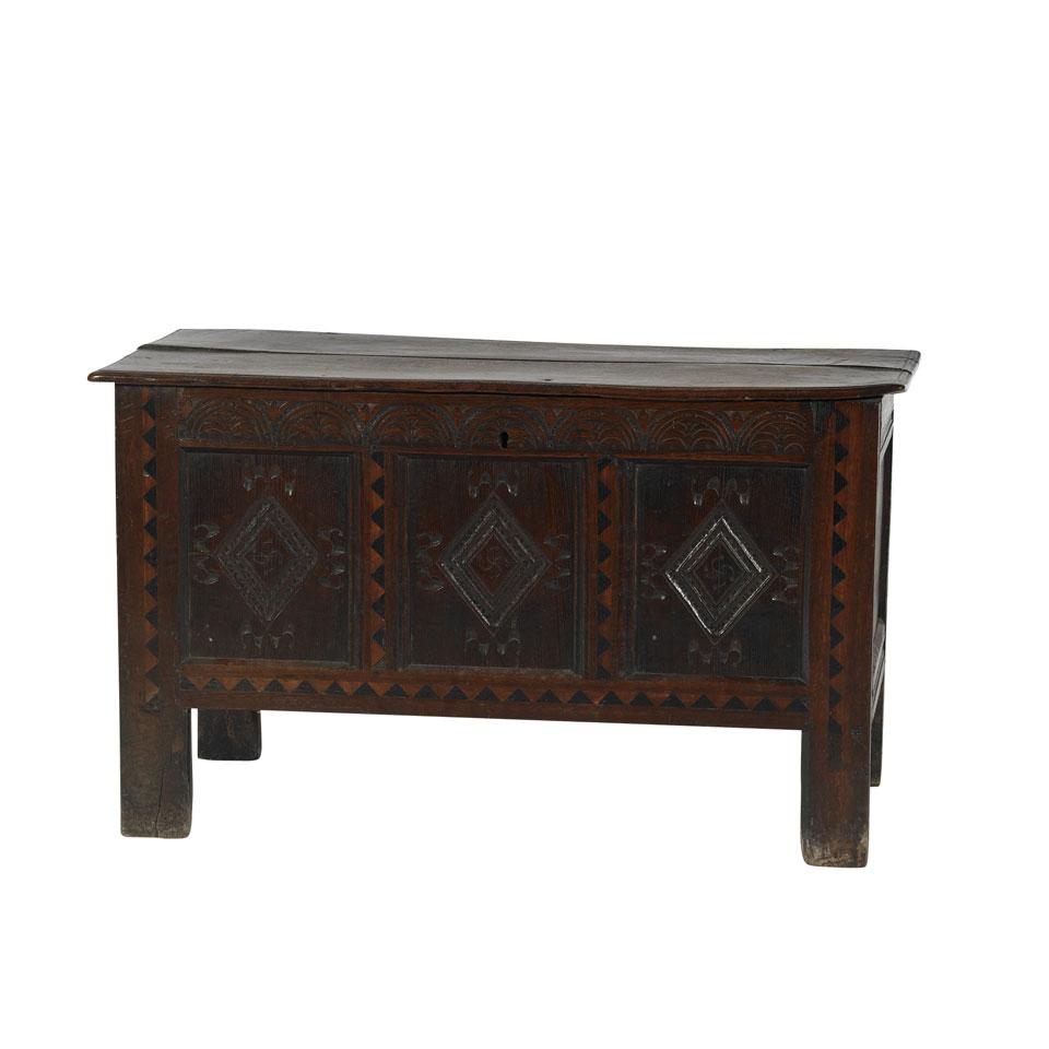 English Carved and Inlaid Oak Coffer
