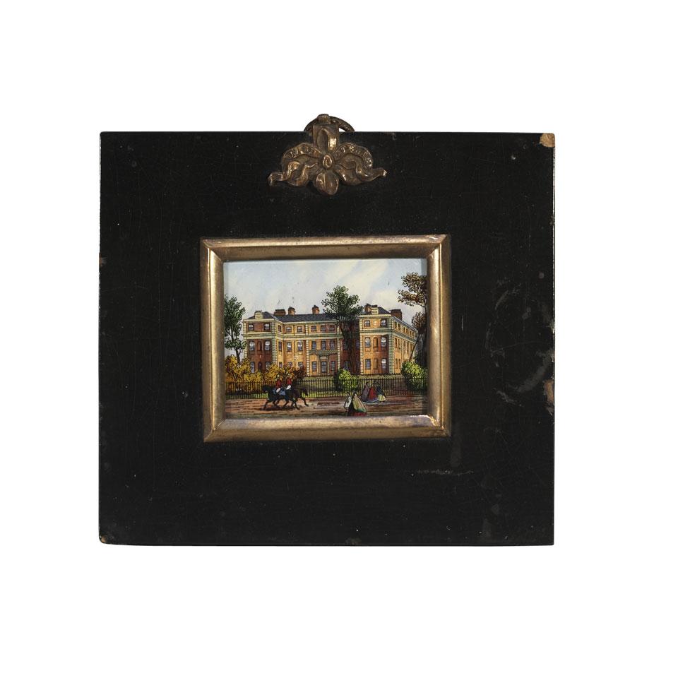 Miniature Tinsel Backed Reverse Painted Glass Panel of Marlborough House, early 19th century