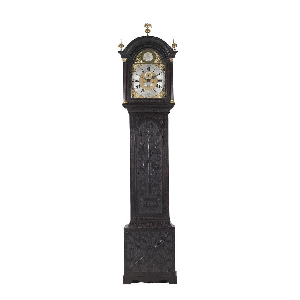 English Carved Oak Tall Case Clock, Jno. Stokes, St. Ives, No. 621, 18th century