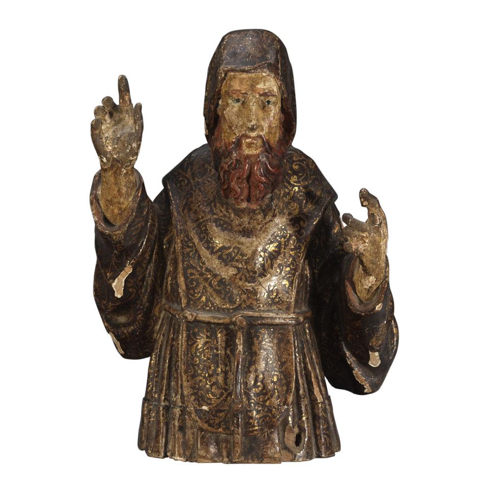 Italian Carved, Polychromed and Parcel Gilt Half Figure of St. Cyprian,  Bishop of Carthage, 17th century