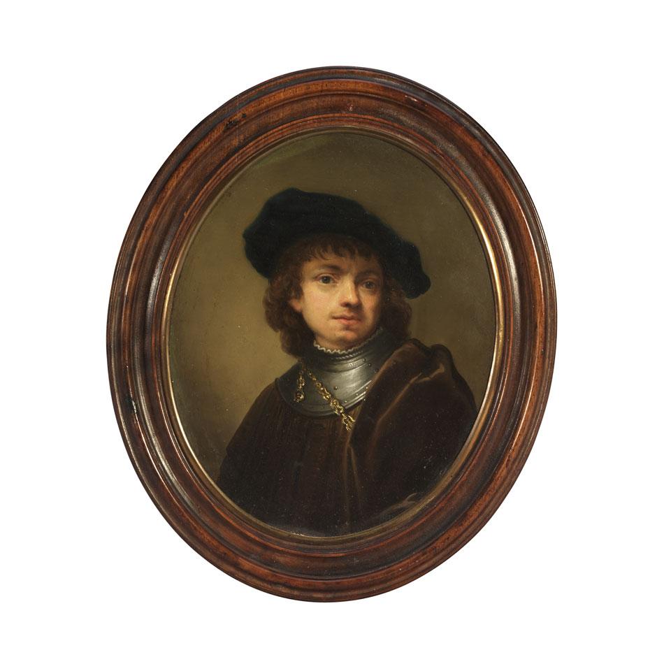 After Rembrandt, Bust Length Oval Portrait of a Young Man Wearing Beret, Gorget and Chain, early 19th century