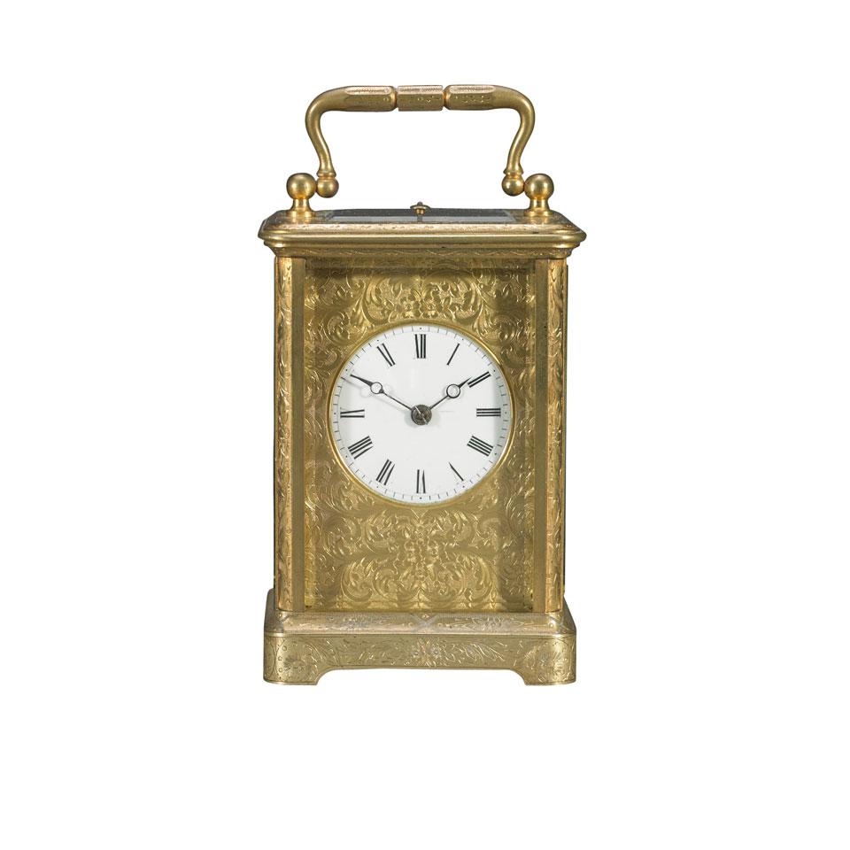 French Engraved Gilt Brass Repeating Carriage Clock, c.1880