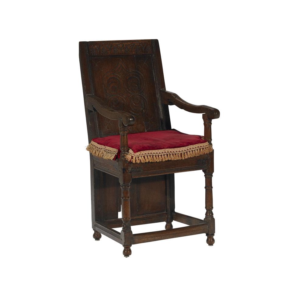 English Carved Oak Open Armchair
