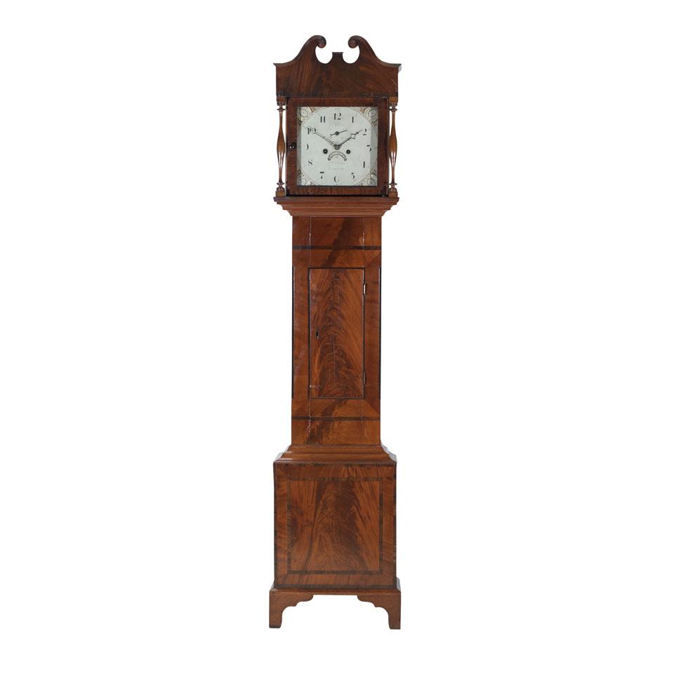 English Flame Mahogany Tall Case Clock, early 19th century