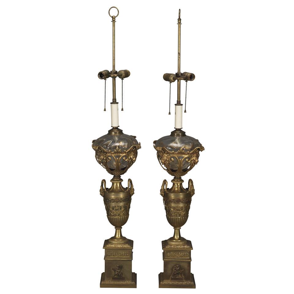Pair of Large Belle Epoque Gilt Bronze and Glass Urn Form Two Light Table Lamps, c.1900