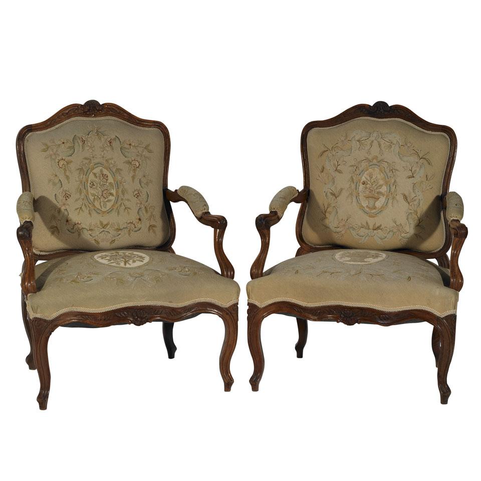 Pair of French Provincial Walnut Framed Open Armchairs