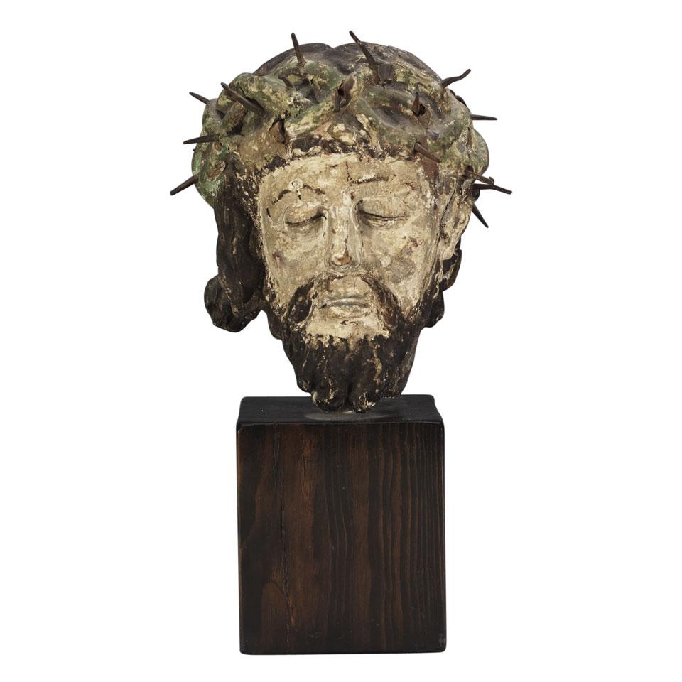 Carved and Polychromed Fragment of the Head of Christ
