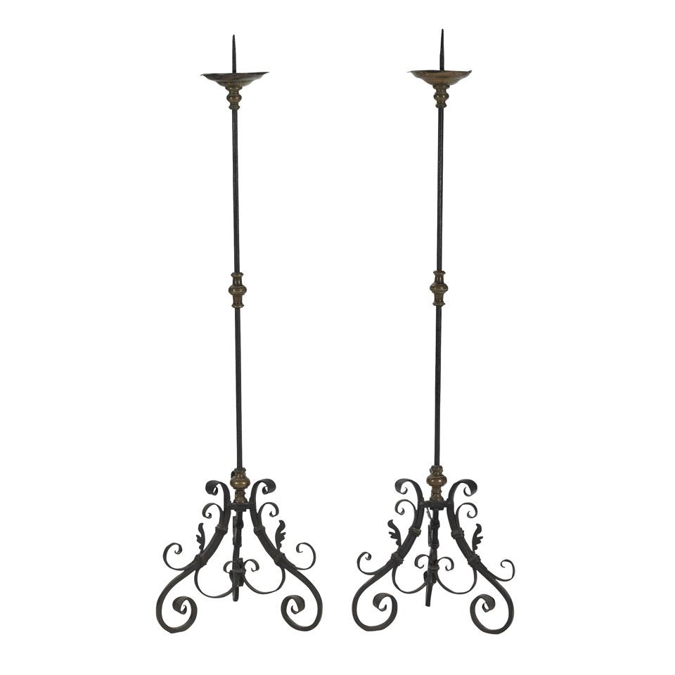 Pair of Continental Wrought Iron and Brass Floor Prickets 
