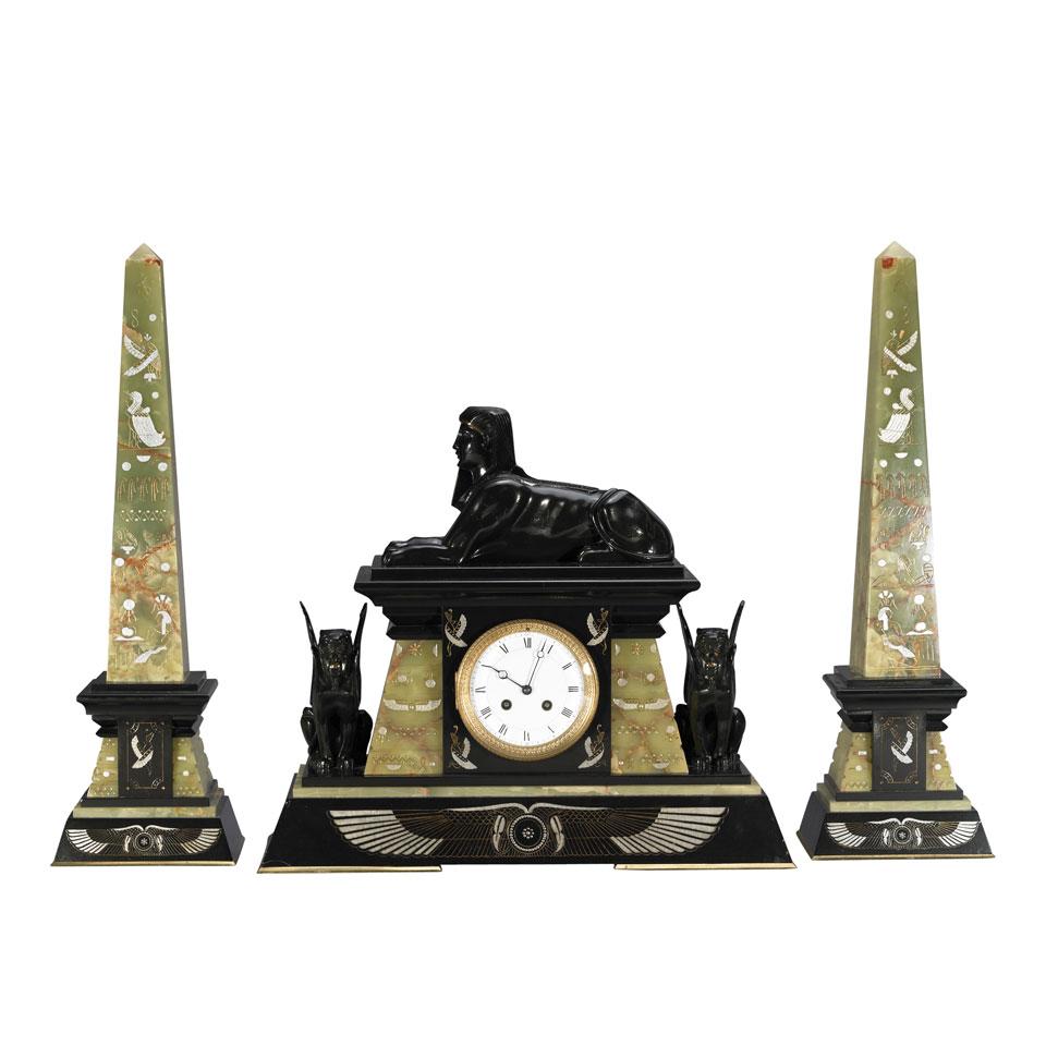 French Bronze, Marble and Onyx Egyptian Revival Clock Garniture, c1880