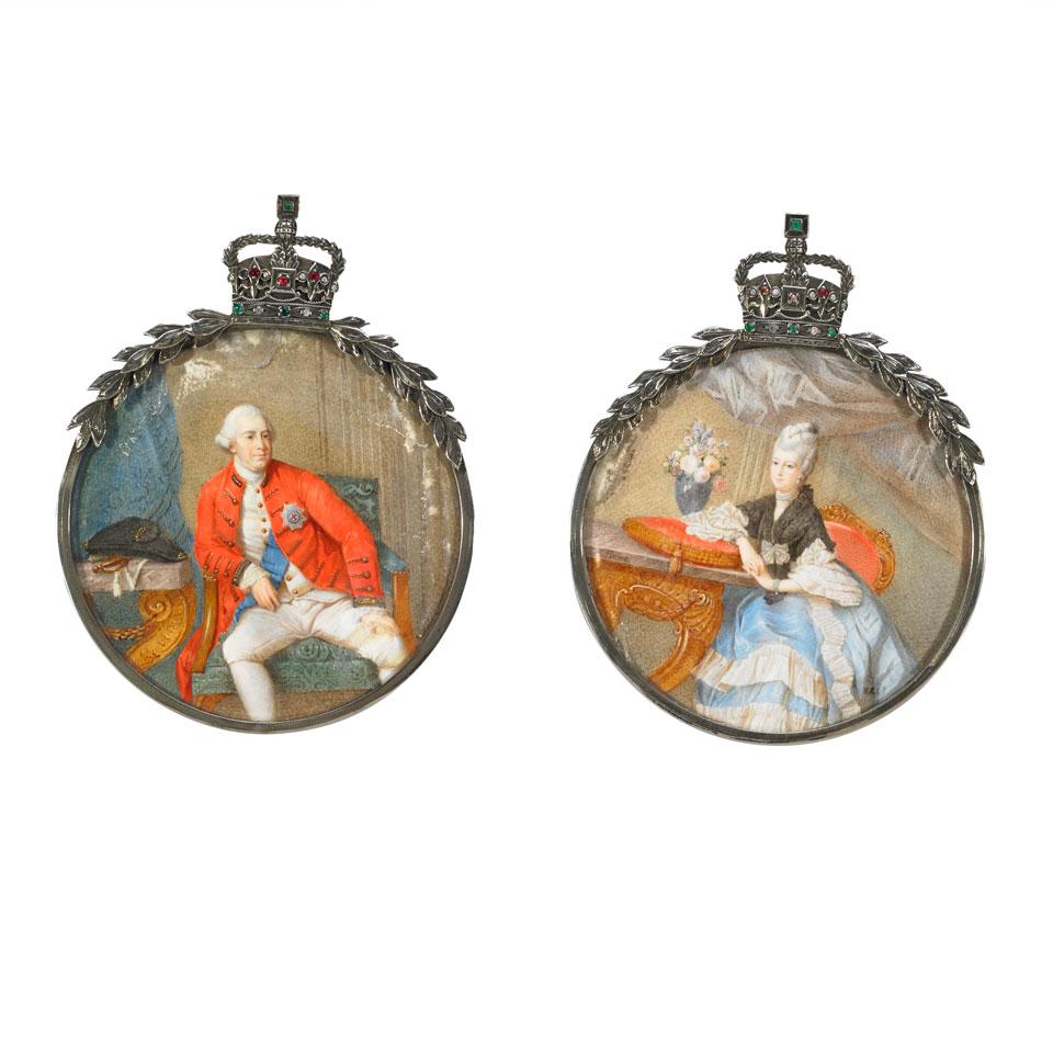 Pair English Portrait Miniatures on Ivory, King George III and Queen Caroline, early 19th century