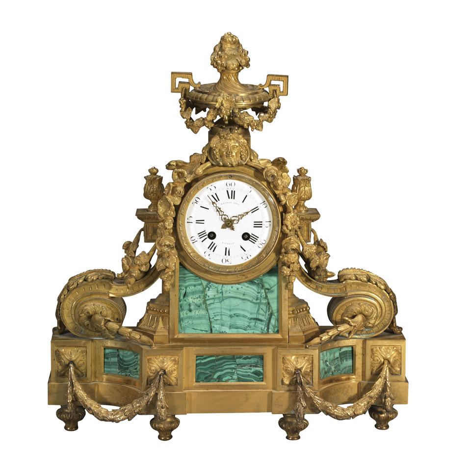 French Louis XVI Style  Malachite Mounted Gilt Bronze Mantel Clock, Raingo Freres A Paris, c.1875