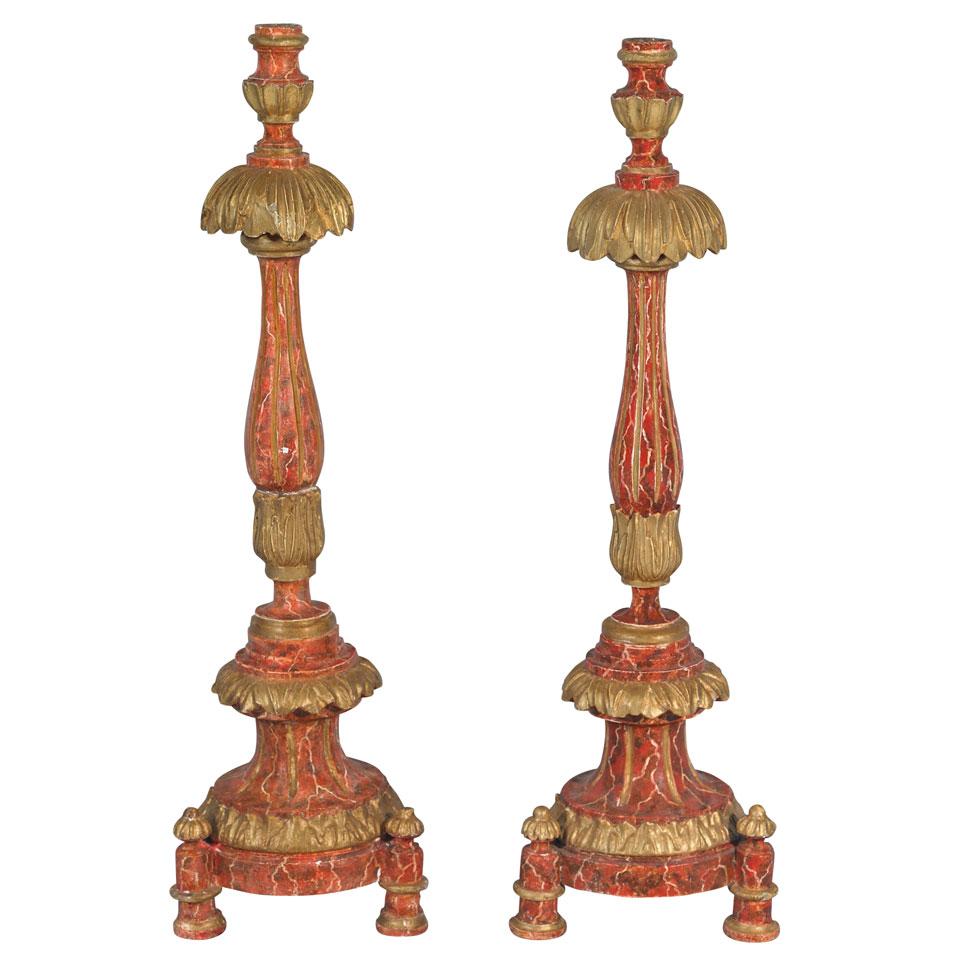 Pair Large Italian Parcel Gilt Faux Marble Candlesticks, 18th/19th century