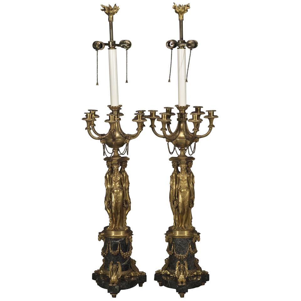 Pair of Large Belle Époque Gilt Bronze and Verde Antico Marble Candelabra Two Light Table Lamps, early 20th century