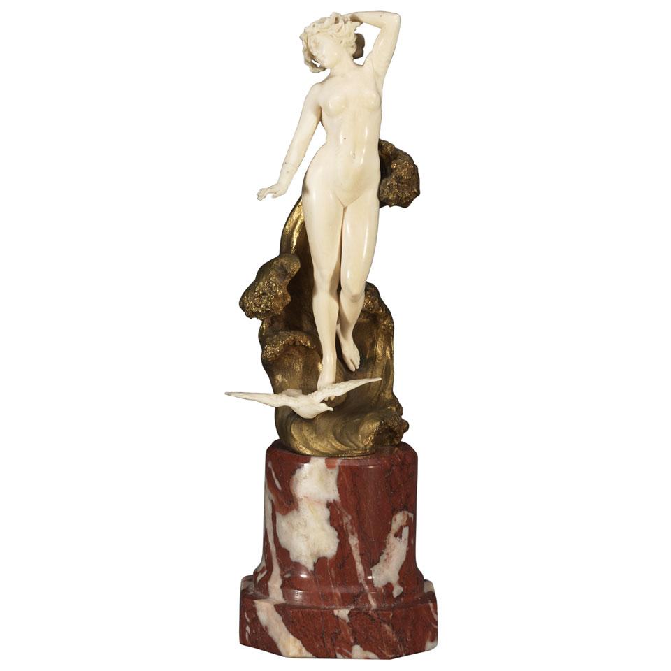 French Art Nouveau Carved  Ivory, Gilt Bronze and Marble Figure of Venus, c.1900