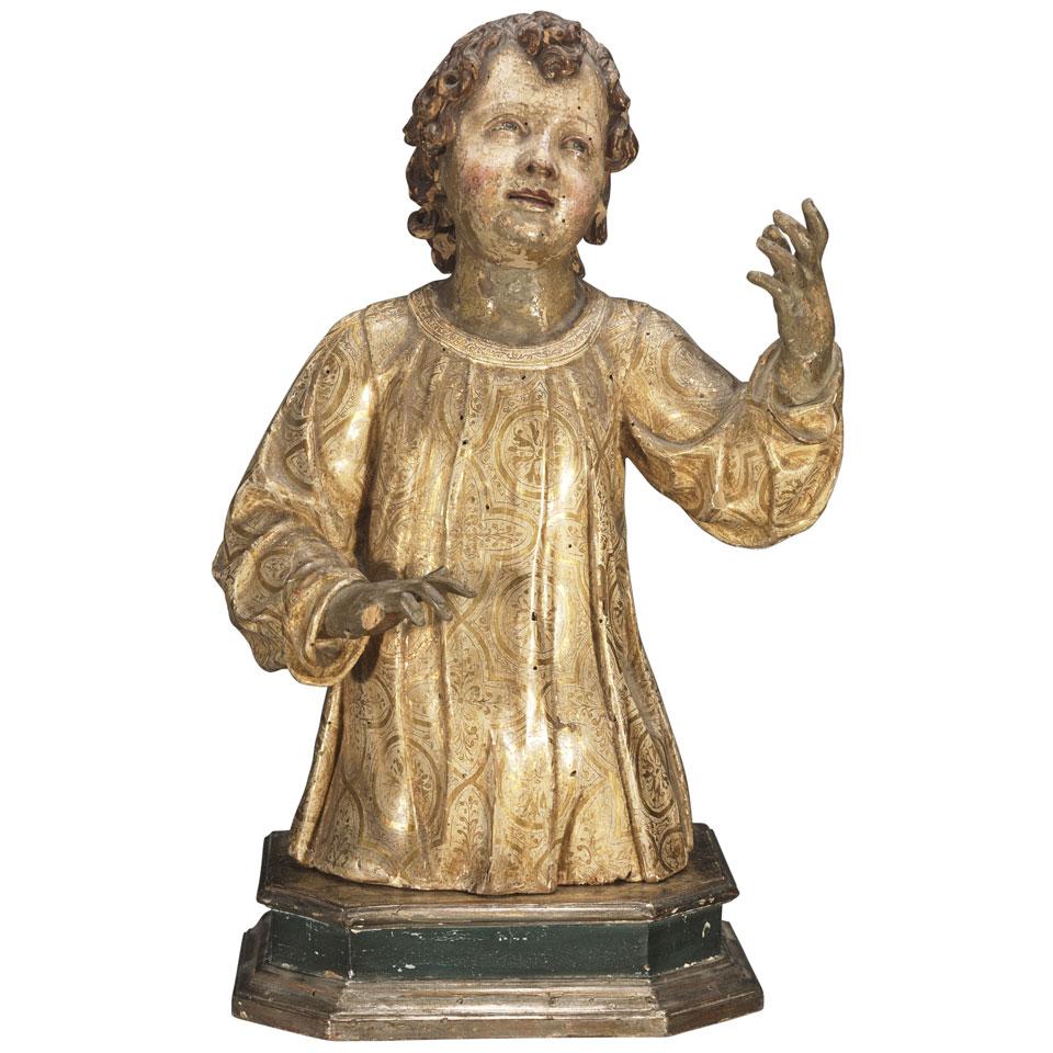 Italian Carved, Polychromed and Parcel Gilt Half Length Figure of St. Stephen,  18th century