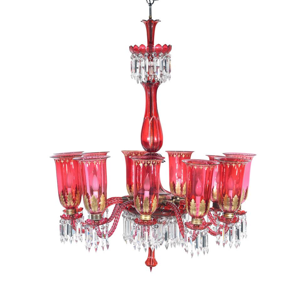 Large Bohemian Ruby Red and Clear Cut Glass 11 Light Chandelier, c.1880