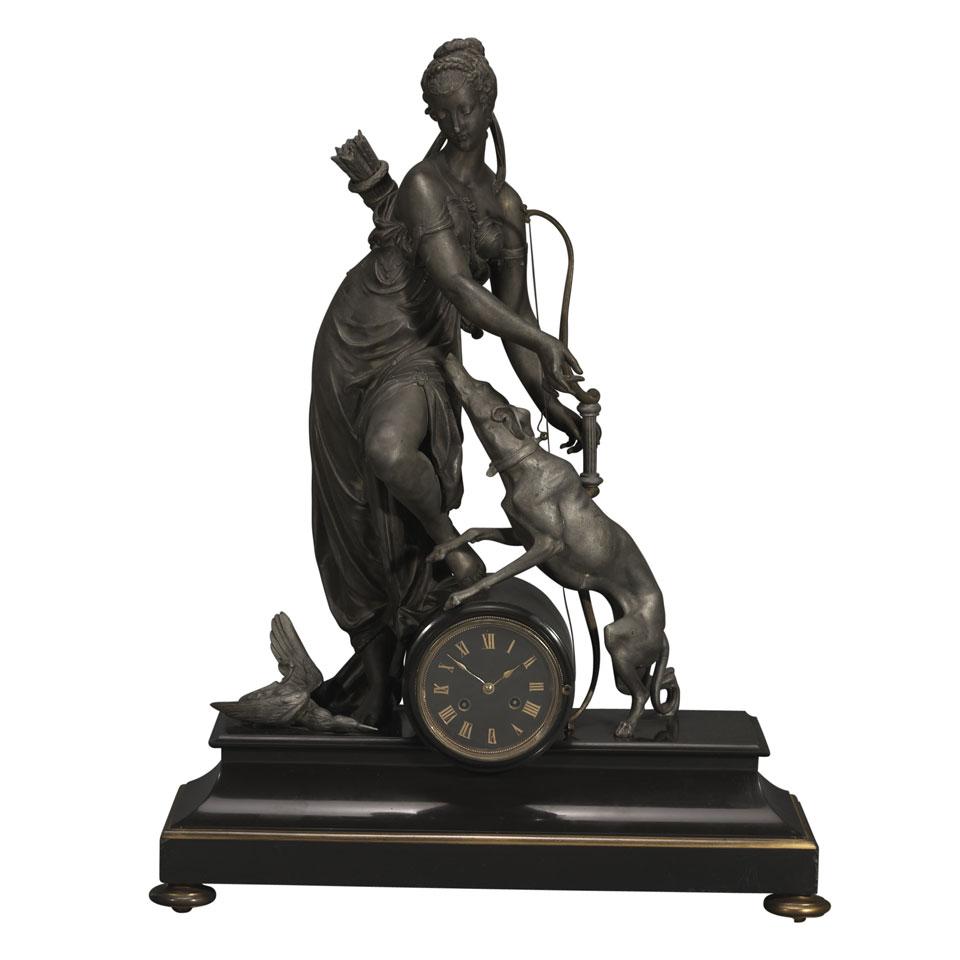 Large French White Metal and Marble  Figural Mantel Clock, c.1870