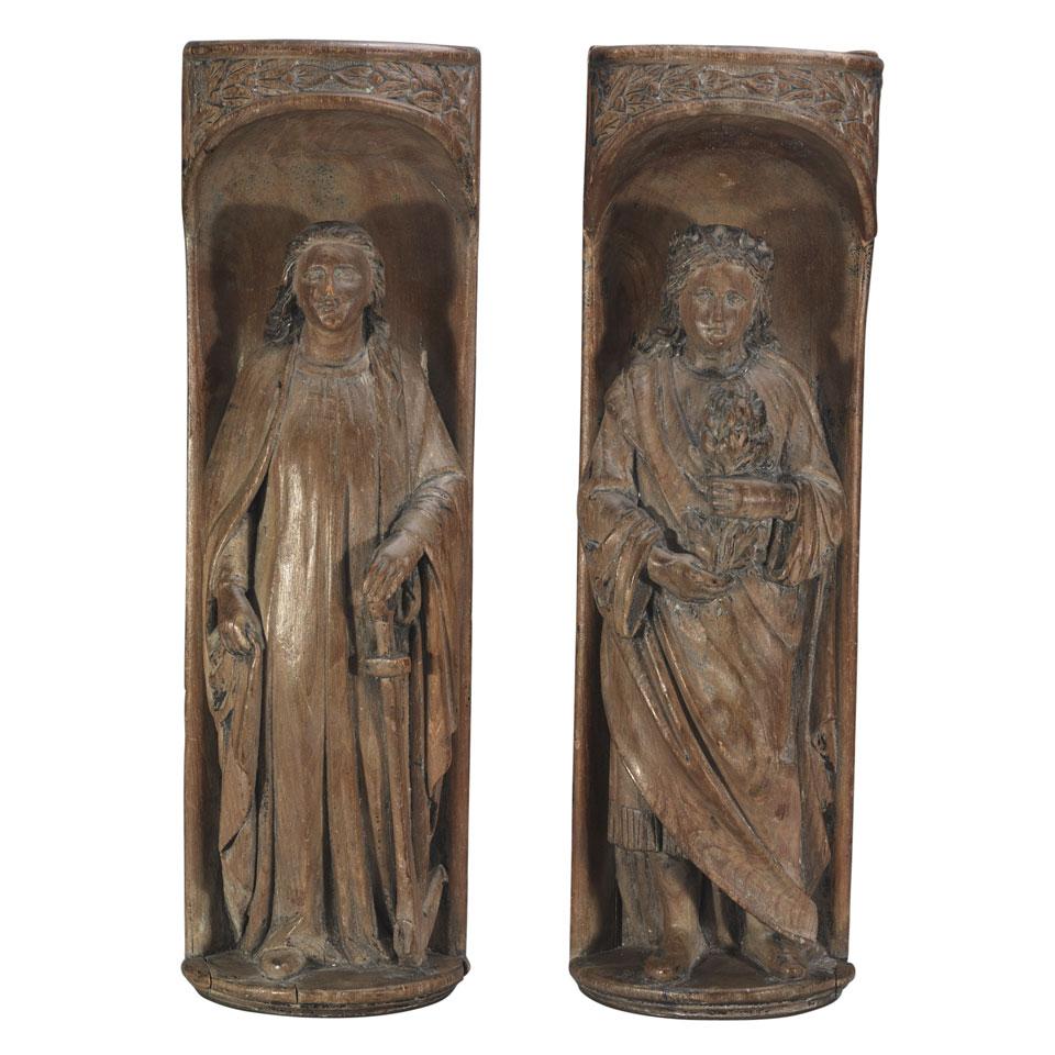 Pair of Carved Walnut Figures, St. Clement and Another, 19th century