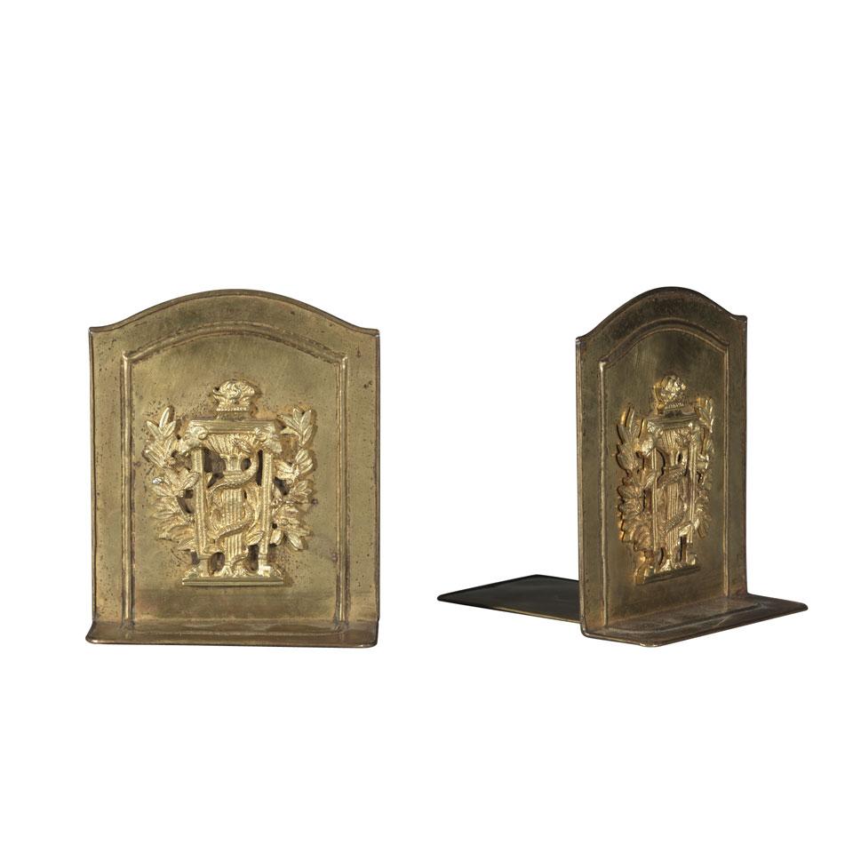 Paul Beau (Canadian, 1871-1941) Pair Ormolu Mounted Hammered Brass Book Ends, early 20th century