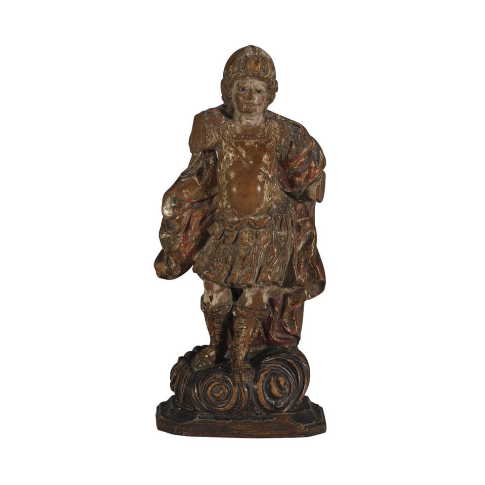 Carved Polychromed and Parcel Gilt Limewood Figure of St. Michael, 18th century
