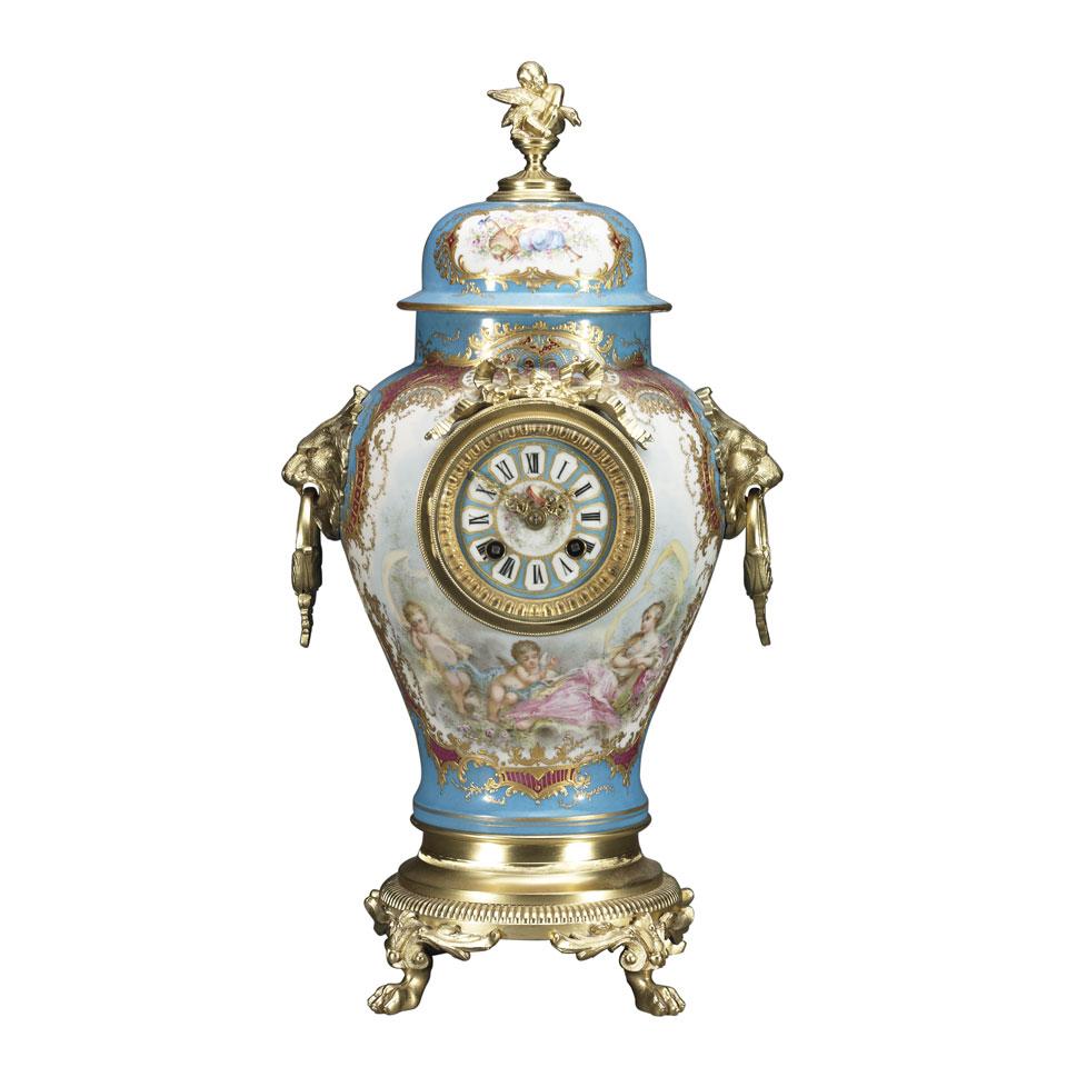 French Ormolu Mounted Sevres Style Porcelain Mantel Clock, c.1880