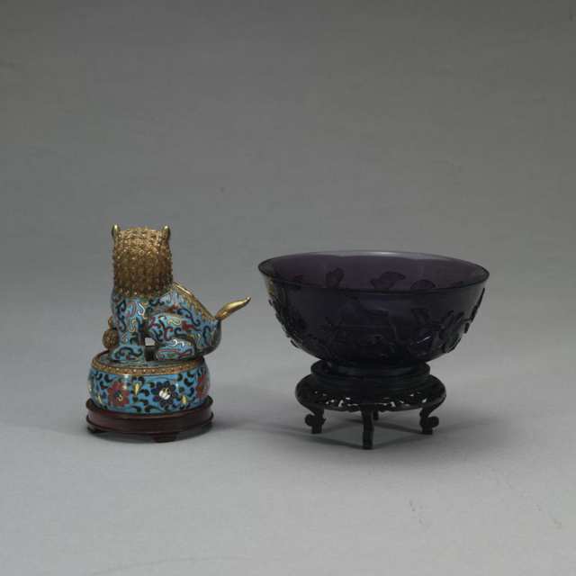 Peking Glass Bowl and Cloisonné Enamel Fu Lion Box