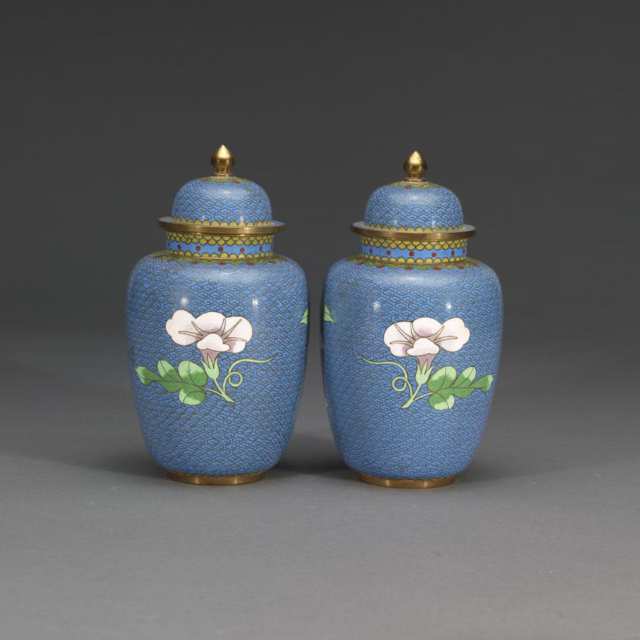 Pair of Blue Ground Cloisonné Enamel Cabinet Vases