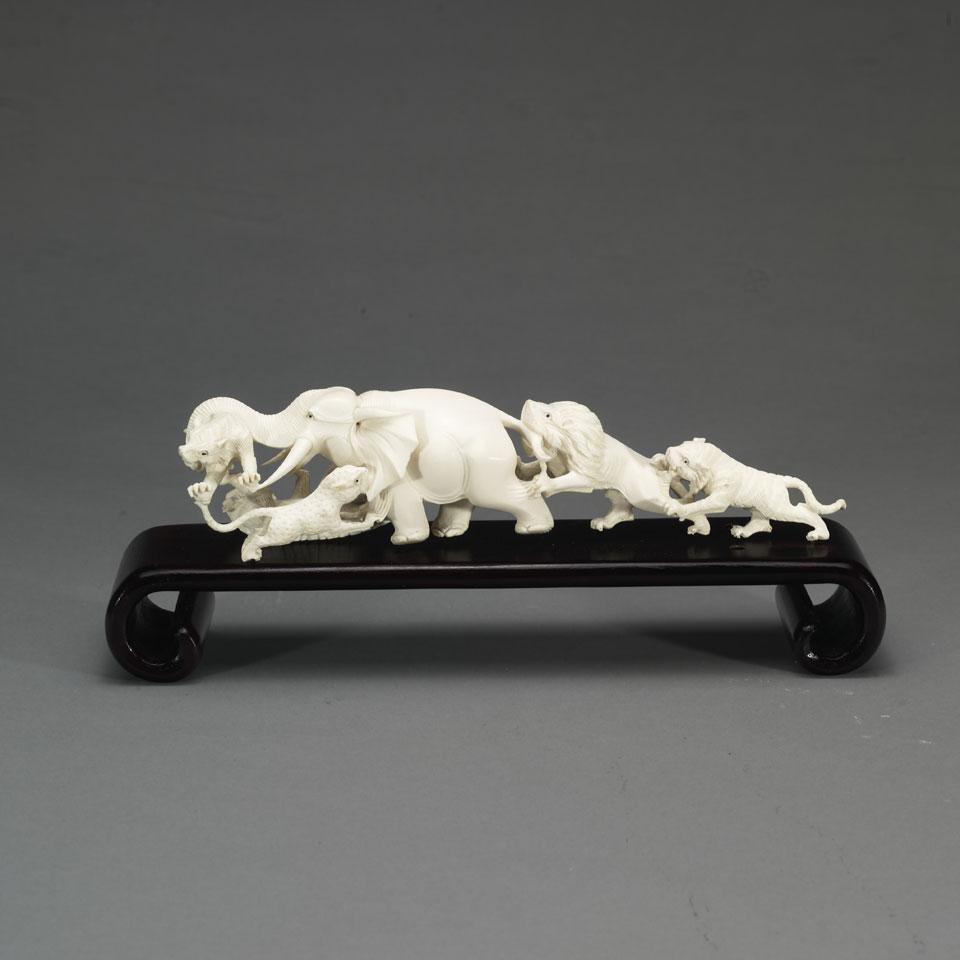 Ivory Carved Elephant and Tiger Group