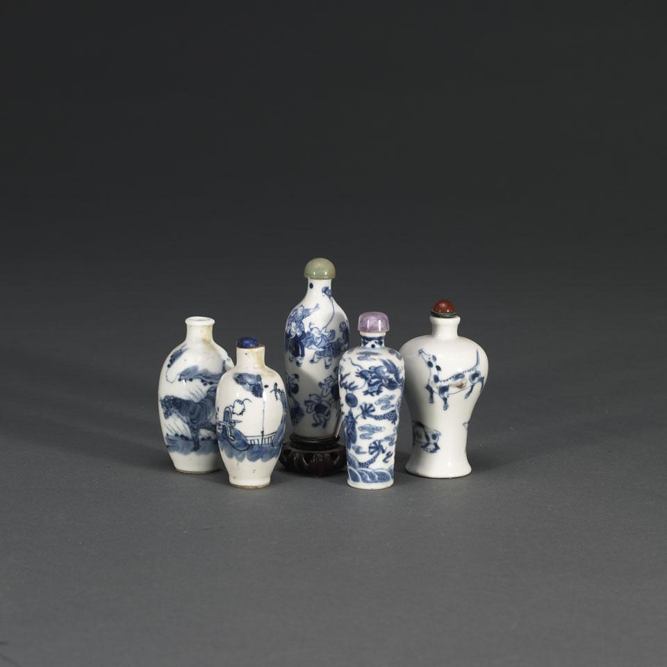 Five Blue and White Snuff Bottles 