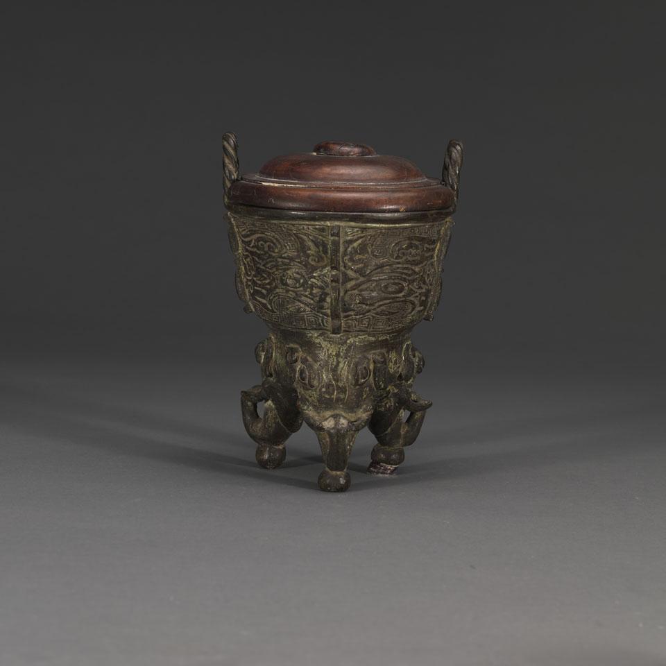 Bronze Tripod Censer with Wood Cover
