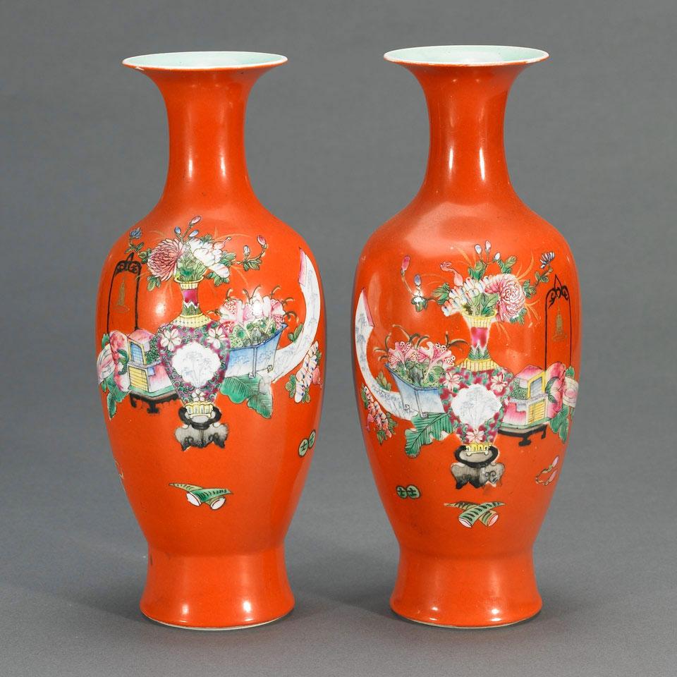 Pair of Coral Ground Famille Rose Baluster Vases, Qianlong Mark, Early 20th Century