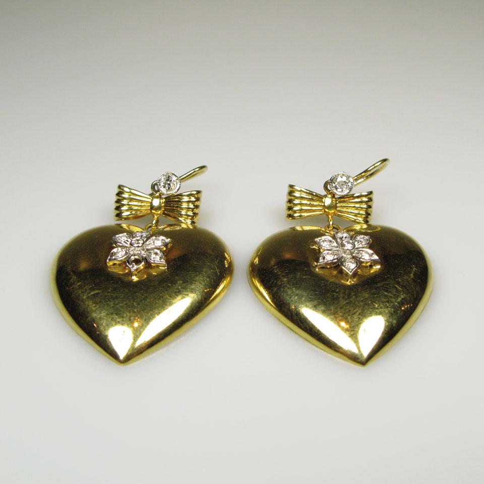 Pair Of 18k Yellow Gold Heart-Shaped Drop Earrings,
