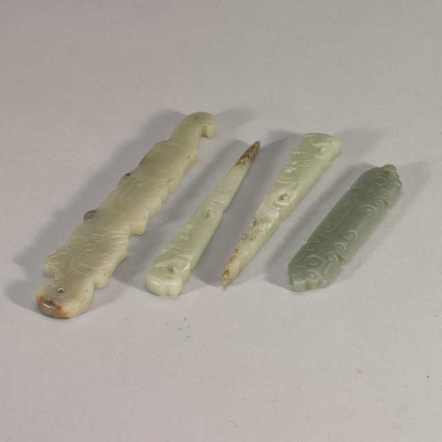 Group of Four Celadon Jade Archaistic Hairpins