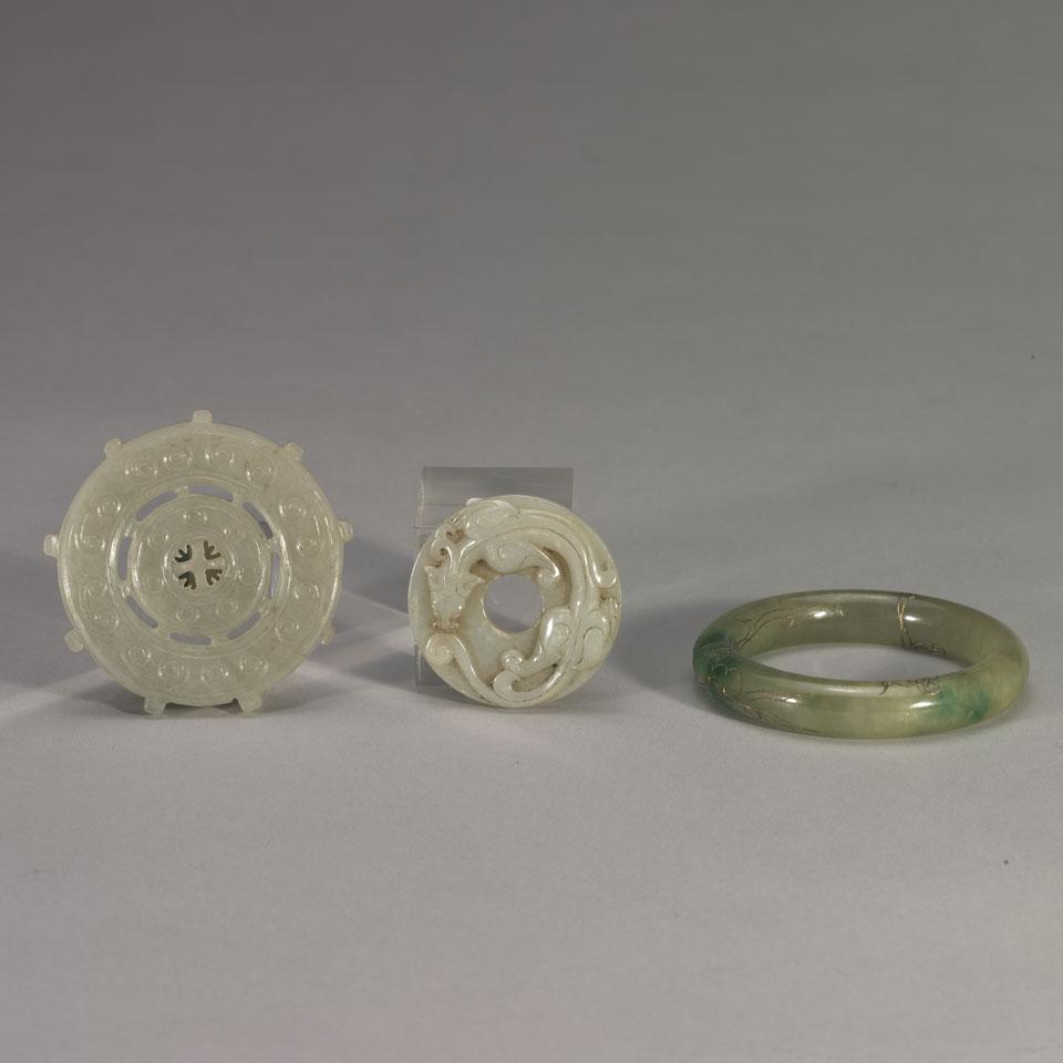 Three Jade Items - Bangle, Buddhist Wheel, Dragon Bi