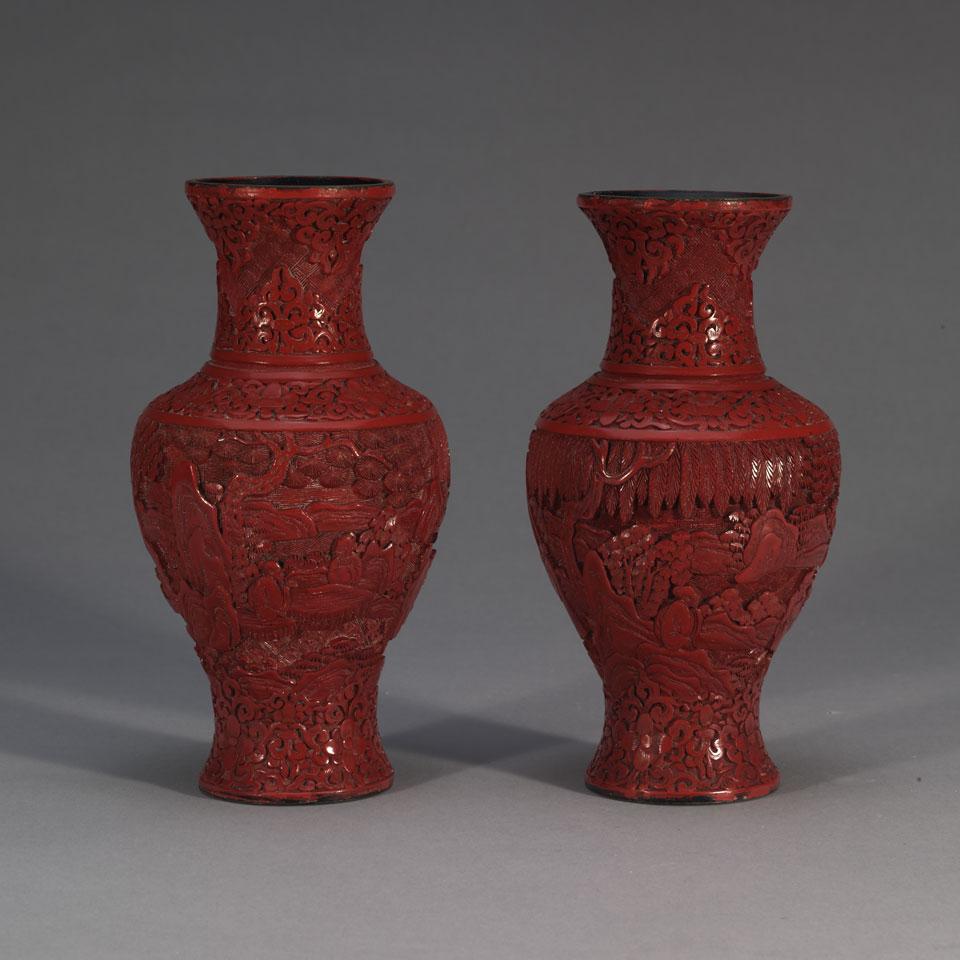 Pair of Cinnabar Lacquer Cabinet Vases, Circa 1900