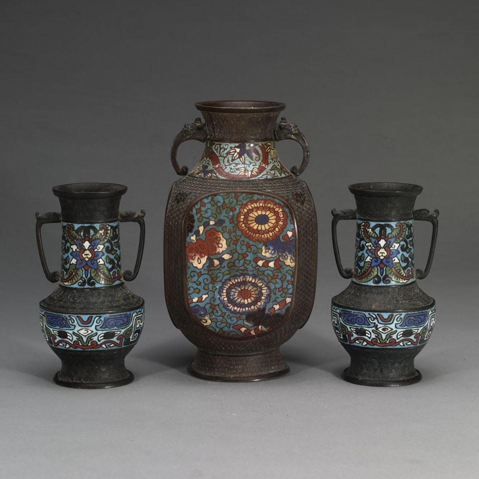 Three Bronze and Champlevee Vases, Taisho Period (1913-1926)