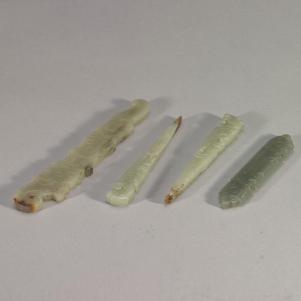 Group of Four Celadon Jade Archaistic Hairpins