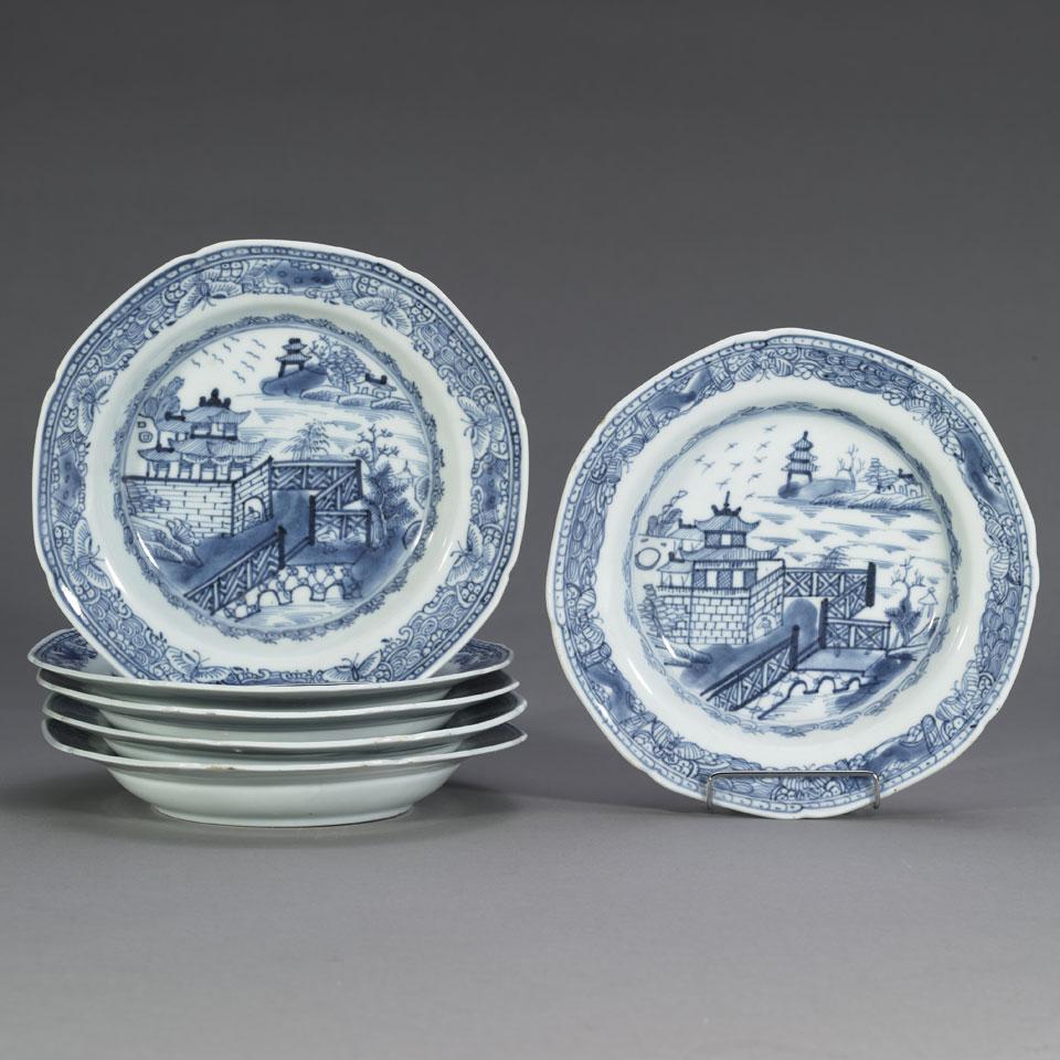 Set of Six Export Blue and White Dishes, 19th Century