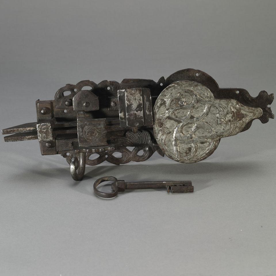 German Wrought Iron Door Lock and Key, early 17th century