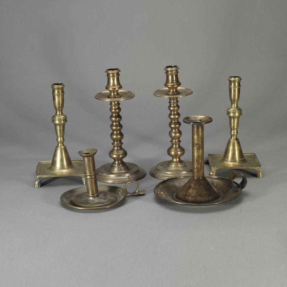 Group of Six Brass and Bronze Candlesticks, 18th/19th century