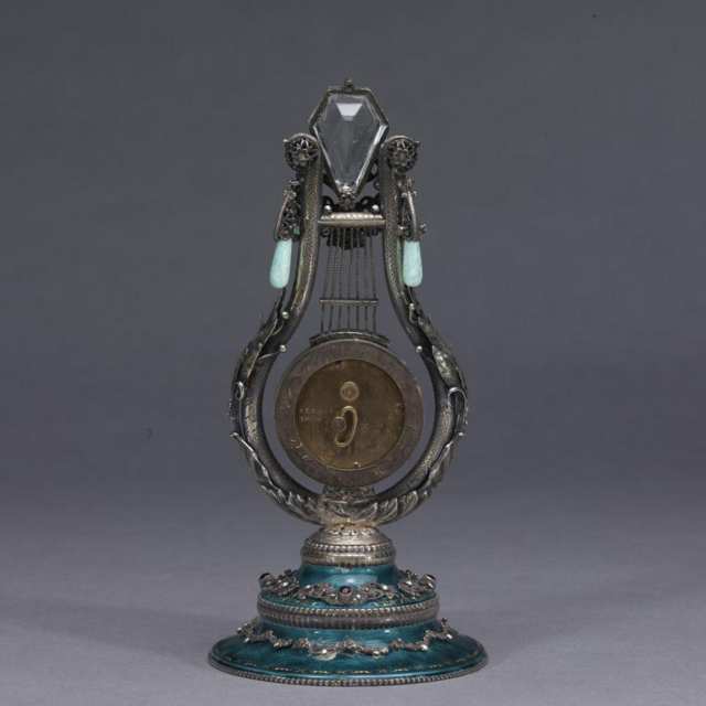Enamelled Silver Lyre Form Musical Table Timepiece, mid 20th century