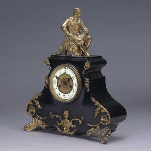 Waterbury Clock Co. Gilt Metal Mounted Cast Iron Figural Mantel Clock, c.1880